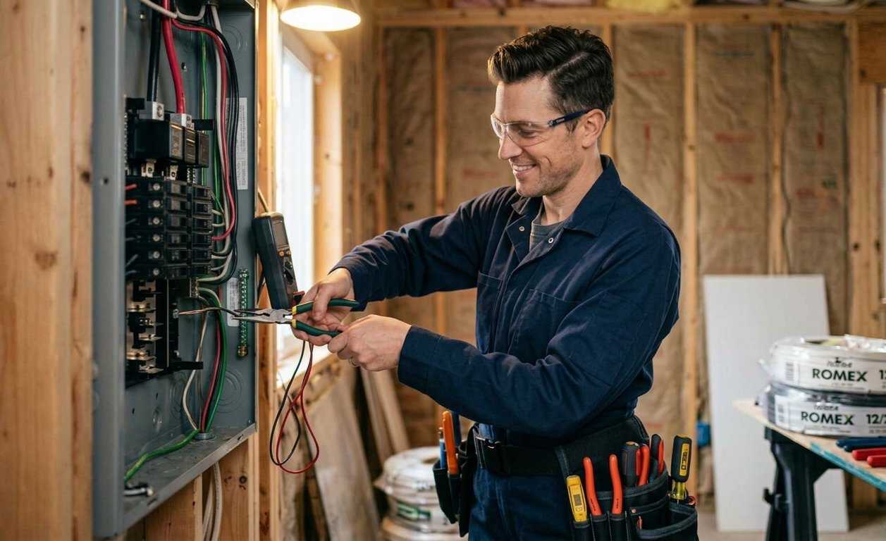 SPC Electrician performing residential outlet repair in Puyallup WA